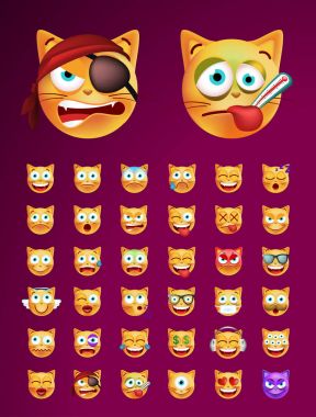 Şirin surat kedi siyah arka plan üzerine kümesi. İzole vektör çizim 