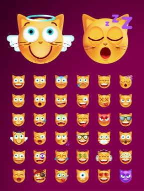 Şirin surat kedi siyah arka plan üzerine kümesi. İzole vektör çizim 