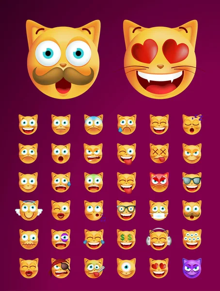 Verzameling van Cute Emoticon kat op zwarte achtergrond. Geïsoleerde vectorillustratie — Stockvector