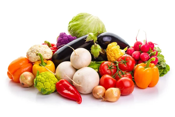 Verduras Para Cocinar Berenjena Tomate Cebolla Pimentón Coliflor Rábano Blanco — Foto de Stock