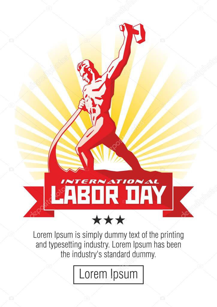 Labor Day. International Workers' Day. Worker with a hammer against the background of the rising sun.