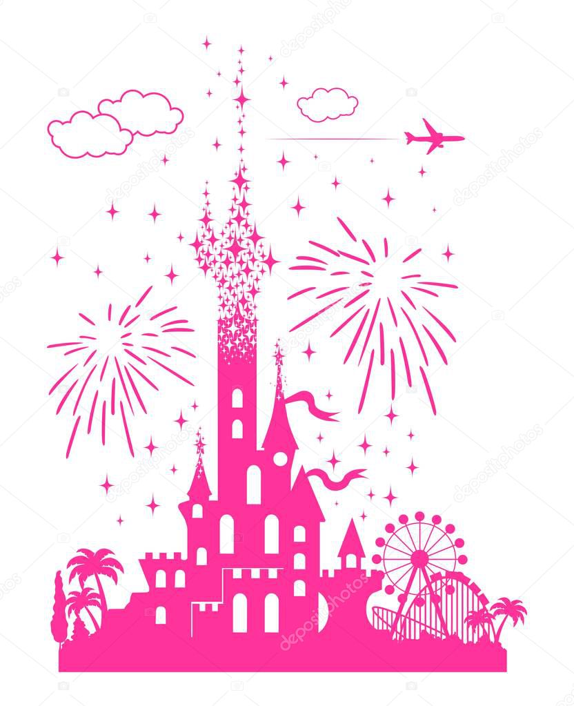 Fairytail pink castle with a landscape of attractions, fireworks and airliner. Tourist tour for children in an amusement park. Illustration, vector