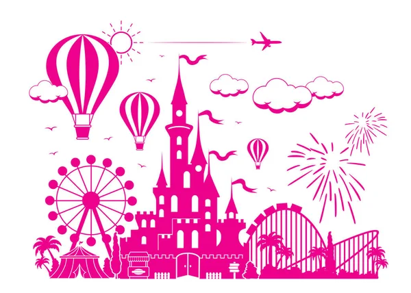 Pretpark Children Fairytale Entertainment Castle Achtergrond Van Attracties Vuurwerk Ballon — Stockvector