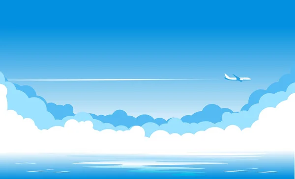 雲と飛行機は青い海の上を飛んで青い空 海の向こうの航空会社 イラスト ベクター — ストックベクタ