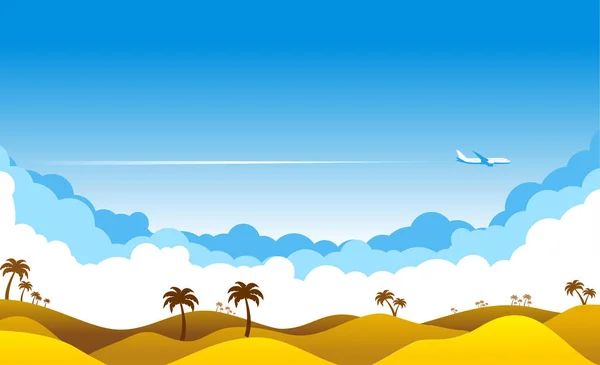 Blue Sky Clouds Airplane Flying Yellow Sandy Desert Airliner Oasis — Stock Vector