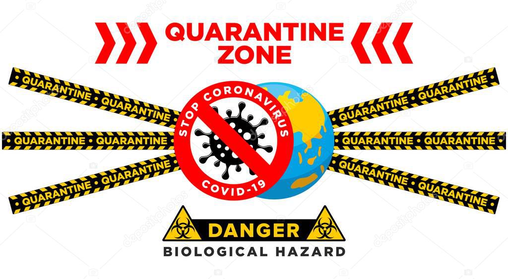 Coronavirus warning sign in triangle and warning tape. Stop coronavirus COVID-19. Biohazard of the virus 2019-nCov. Illustration, vector