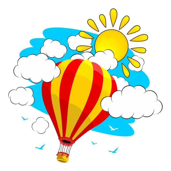 Hot Air Balloon Flies Sun Blue Sky Clouds Flying Birds — Stock Vector