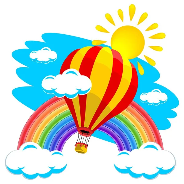 Varmluftsballongen Flyger Till Solen Blå Himmel Med Moln Regnbåge Sommar — Stock vektor