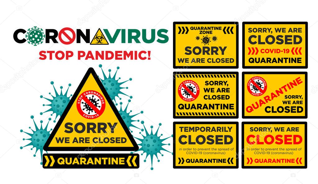 Office is temporarily closed by the coronavirus sign in the color of bacteriological danger. Information warning sign about quarantine measures in public places. Limitation and caution COVID-19. Vector used for web, print, banner, flyer.