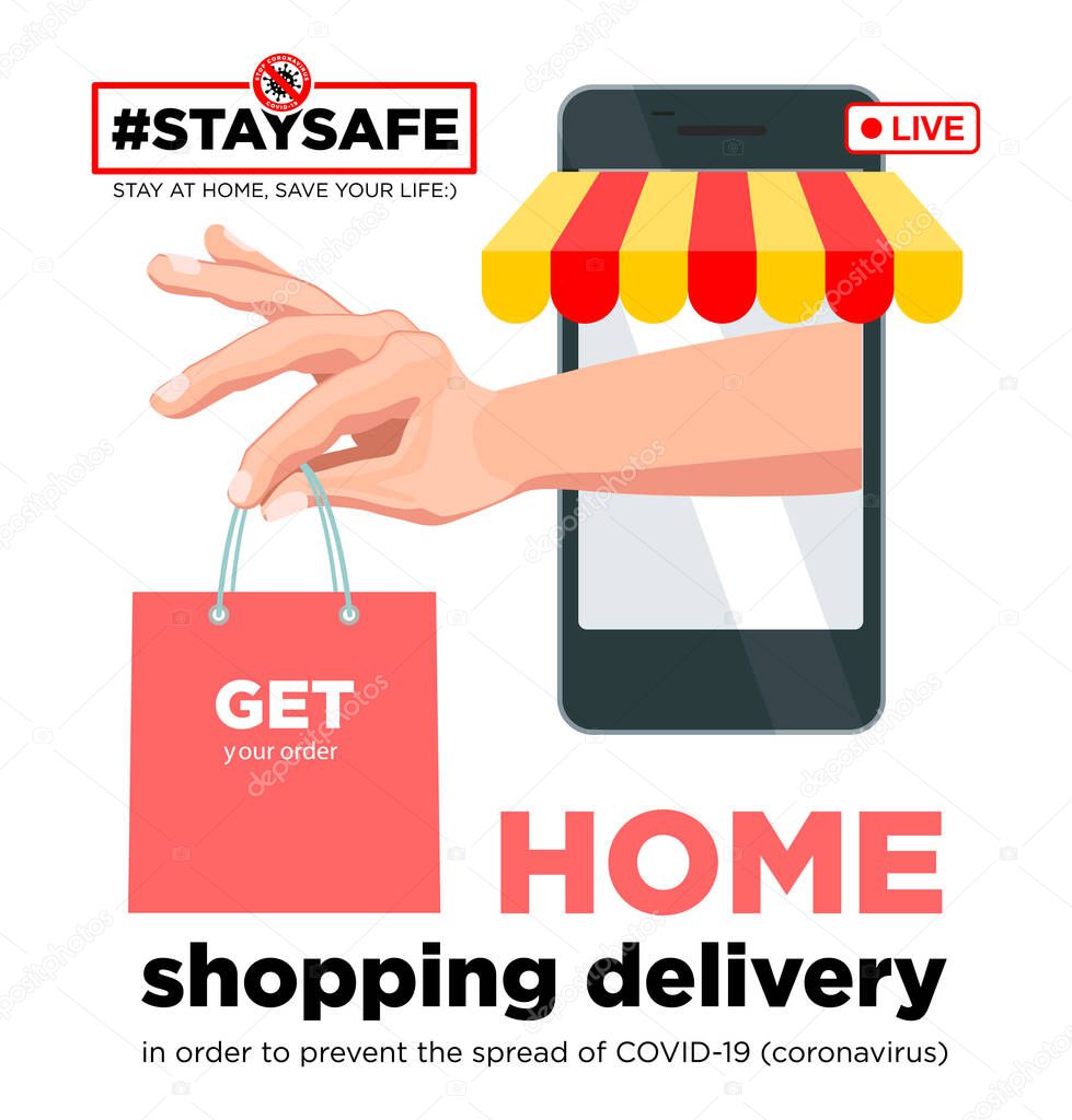Stay home with your social media campaign and prevent coronavirus infection. Shopping delivery Internet purchases. Social advertising, poster, sticker, vector.