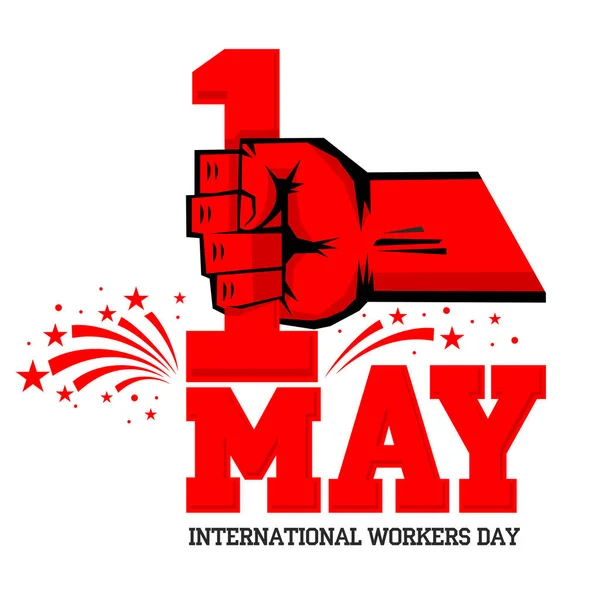 Uluslararası İşçi Bayramı için 1 Mayıs tebrik kartı. 1 Mayıs - devrimci protestonun sembolü kırmızı sıkılmış yumruğunu kaldırdı. Görüntü, vektör