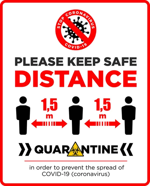 Warning Sign Please Keep Safe Distance Quarantine Actions Risk Coronavirus — Stock Vector