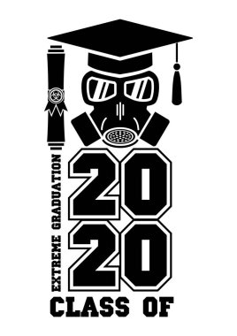 2020 Karantina Ekstrem mezuniyet partisi. Solunum cihazı ve gözlük takarak mezun oldum. Tebrik kartı, logo, broşür, tişört tasarımı. Görüntü, vektör