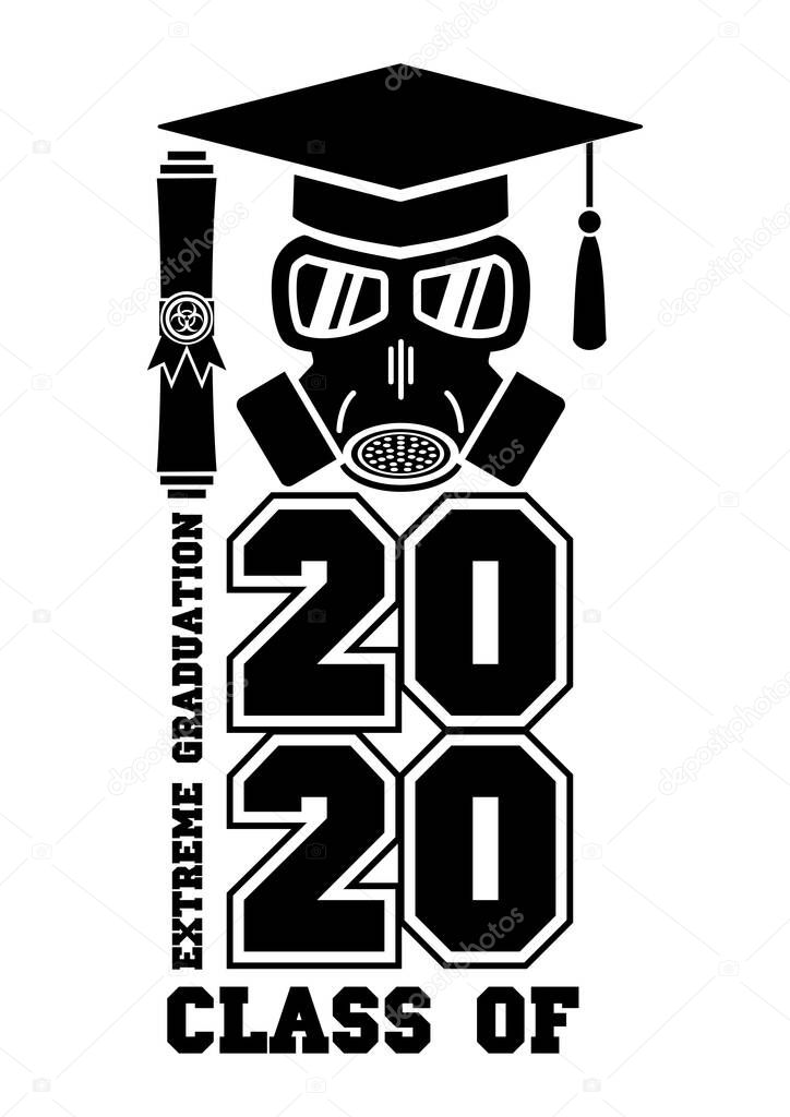 2020 Quarantine extreme graduation party. Graduate in a respirator and goggles. Concept for the design of a greeting card, logo, flyer, t-shirt design. Illustration, vector