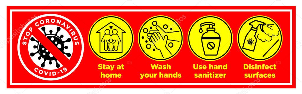 Coronavirus prevention measures. Quarantine concept for poster, flyer. Stop dangerous pandemic. Illustration, vector