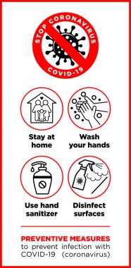Coronavirus önleme önlemleri. Poster ve el ilanları için karantina konsepti. Tehlikeli salgını durdurun. Görüntü, vektör