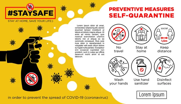 Coronavirus Prevention Measures Quarantine Concept Poster Flyer Stop Dangerous Pandemic — Stock Vector