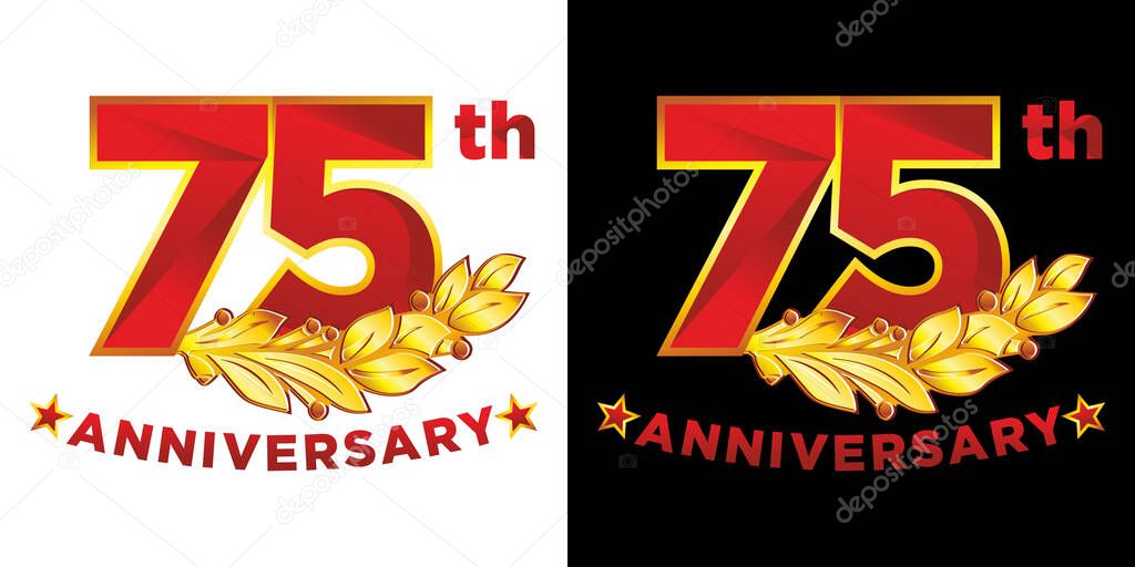 75th anniversary - strict style red with gold logo for memorable date, event, celebration, greeting card, invitation. Golden laurel branch, stars. Illustration, vector