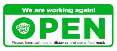 Ön kapıda eğlence tabelası var. Hoş geldin! COVID-19 (koronavirüs) nedeniyle karantinadan sonra açığız. Sosyal mesafeyi koru. Vektör