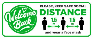 Ön kapıda açık tabela - tekrar hoş geldiniz! Tekrar çalışmaya başladık. Sosyal mesafeyi koru ve yüz maskesi kullan. Vektör