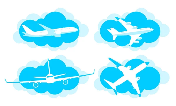 青い雲の背景に旅客商業航空会社や飛行機 フラットスタイルのアイコン イラスト ベクター — ストックベクタ