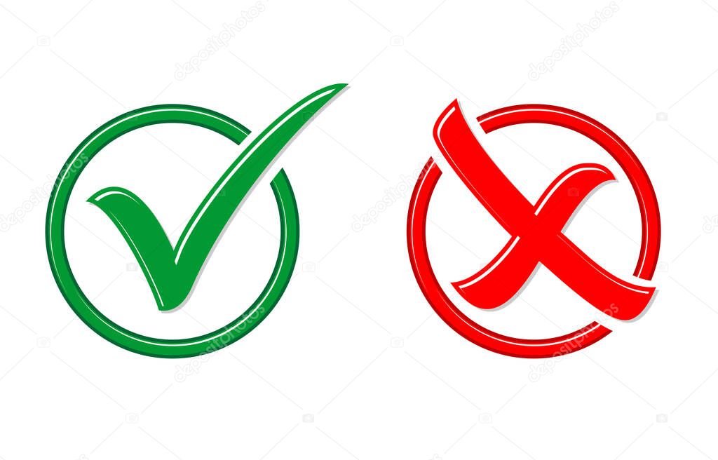 Yes or no, approved or rejected green and red checkmarks  in round for buttons or stickers. Illustration, vector