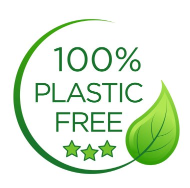 Çevre dostu ve organik ürünleri ambalajlamak için% 100 plastik amblem. Simge ve logo tasarım şablonu basit doğrusal şekilde. Görüntü, vektör