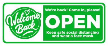 Ön kapıdaki açık tabela içeri girdi ve tekrar açıldı. Sosyal mesafeyi koru ve yüz maskesi tak. Vektör