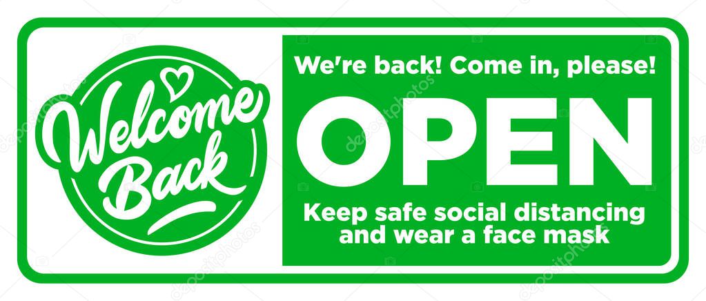 Open sign on the front door come in, were opening again. Keep social distancing and wear face mask. Vector