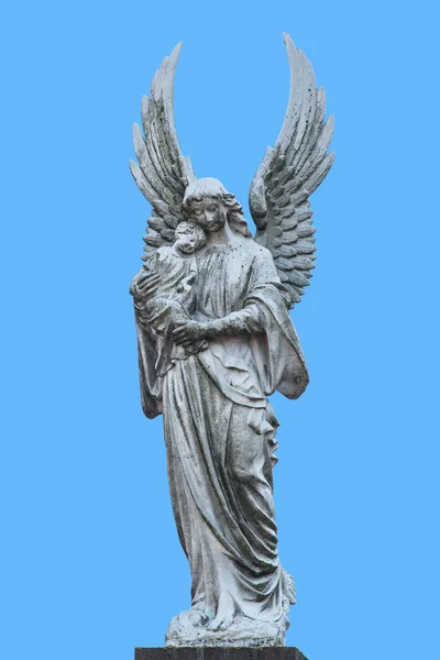 회색 흰색 동상과 마리아의 아기 파란색 배경에 그리스도 동상 — 스톡 사진
