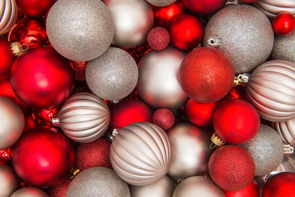 Full frame silver and red christmas glass ornament balls — Stock Photo, Image