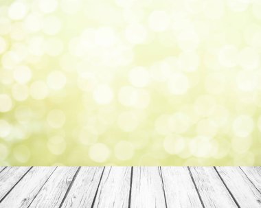 Taze yumuşak yeşil bahar arka plan beyaz bokeh ve Beyaz ahşap plakalar ile bir kat olarak