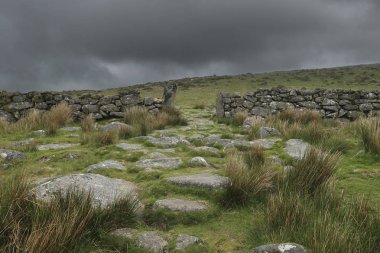 Taşlar ve dartmoor peyzaj gri bulutlu günde antik duvar