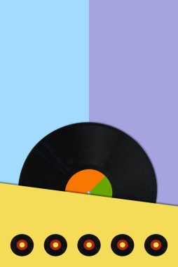 Vinil plaklı renkli renkli geometrik kompozisyon. Metin için yer.