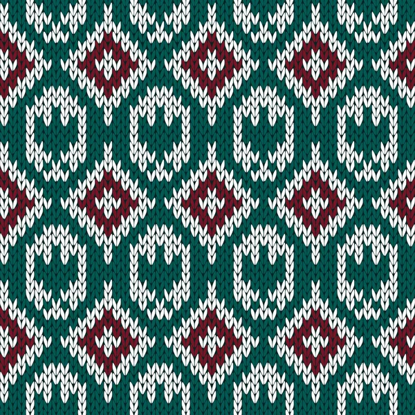Knitting ornate seamless pattern in red, green and white colors — Stock Vector
