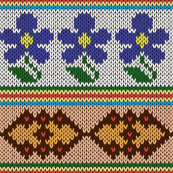 Pletací ozdobné barevné vzor bezešvé s modrými květy — Stockový vektor