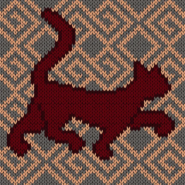 Knitting fabric seamless pattern with red rambling cat — Stockový vektor