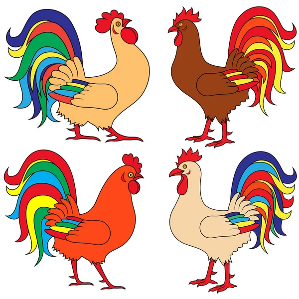 Conjunto de cuatro gallos de colores — Archivo Imágenes Vectoriales