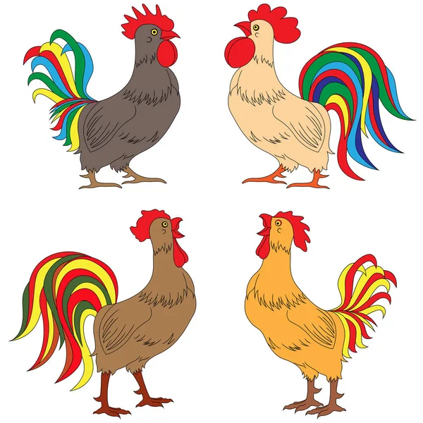 Conjunto de cuatro coloridos gallos divertidos — Archivo Imágenes Vectoriales
