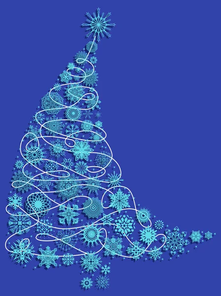 Curved Christmas tree with snowflakes over blue — Stock Vector