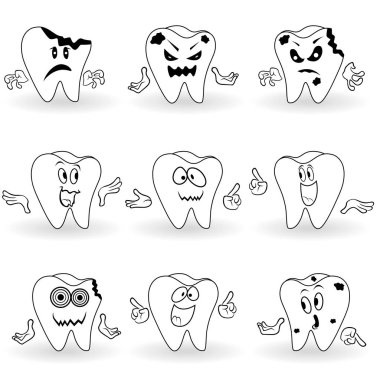 Komik karikatür diş dokuz karakter kümesi