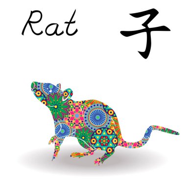 Chinese Zodiac Sign Rat with color geometric flowers clipart