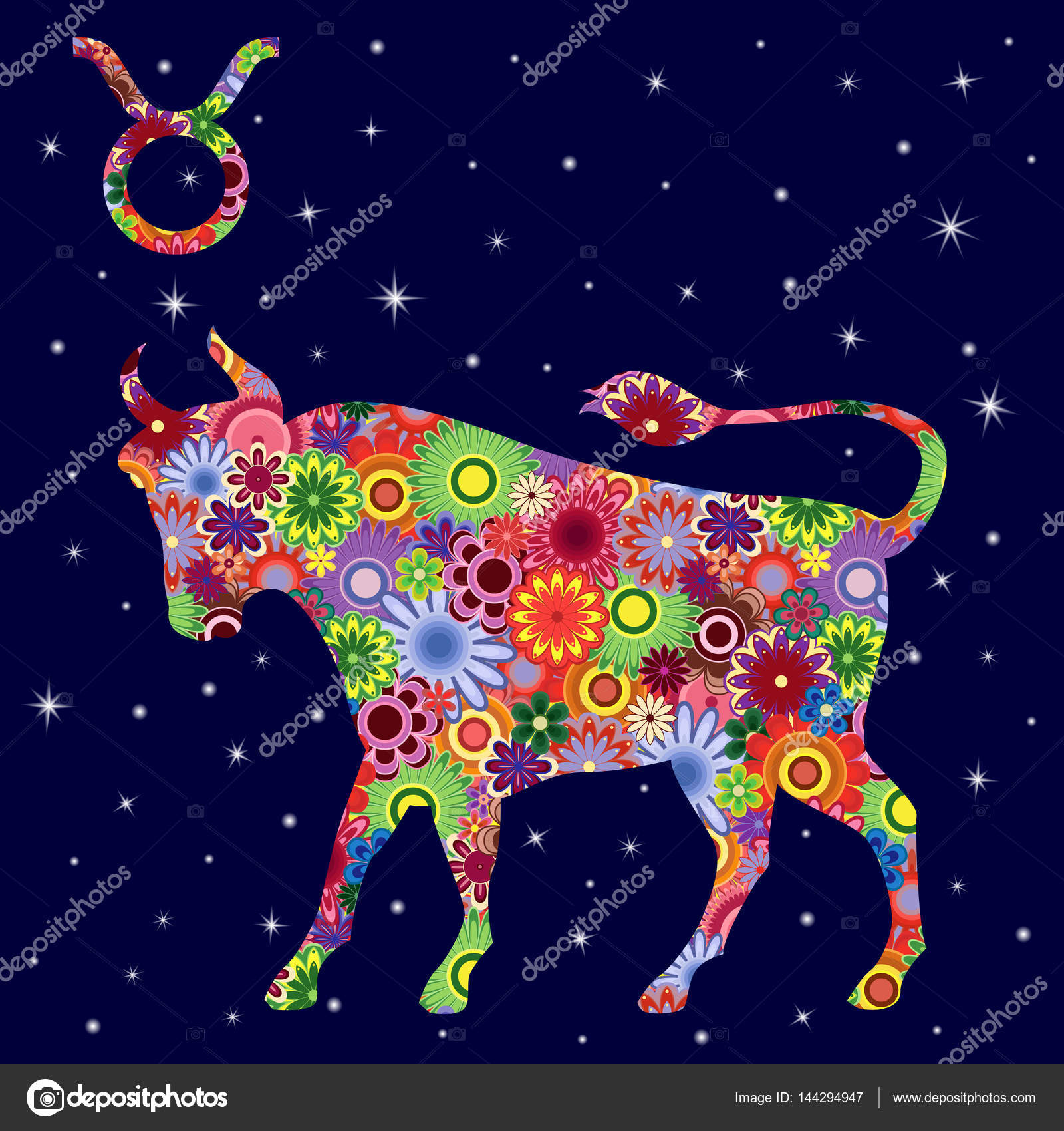Zodiac sign Taurus with flowers fill over starry sky Stock Vector by