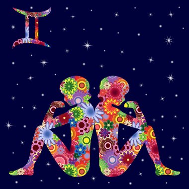 Zodiac sign Gemini with flowers fill over starry sky clipart