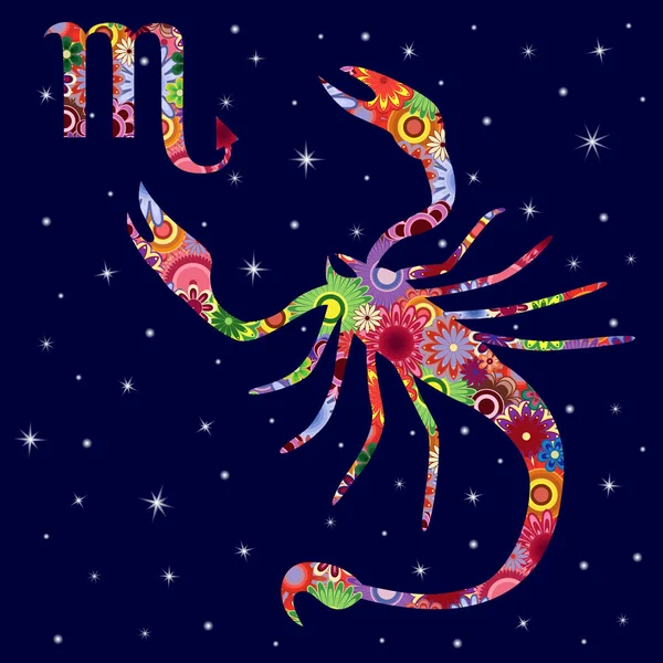 Знак Зодиака Скорпион с цветами заполняет звездное небо — стоковый вектор