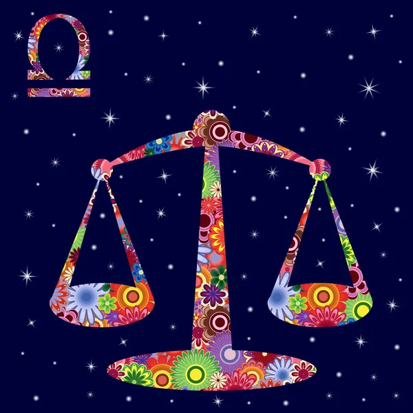 Знак Зодиака Весы с цветами заполняет звездное небо — стоковый вектор
