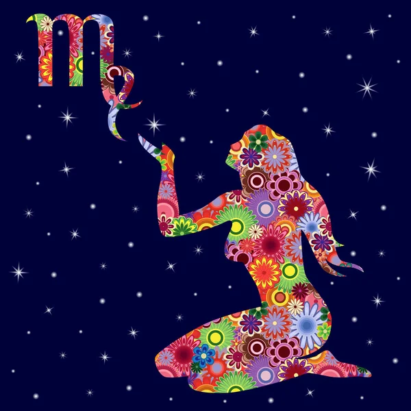Signe du zodiaque Vierge avec des fleurs remplissent ciel étoilé — Image vectorielle