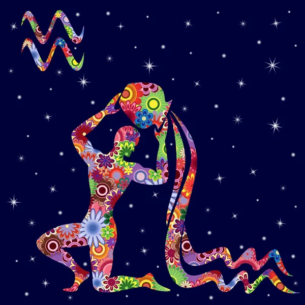 Знак Зодиака Водолей с цветами заполняет звездное небо — стоковый вектор
