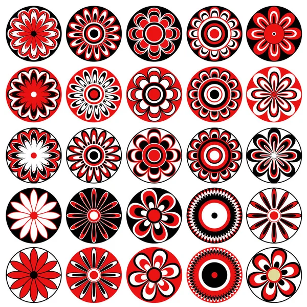 黒、白、赤の様式化された花のセット — ストックベクタ