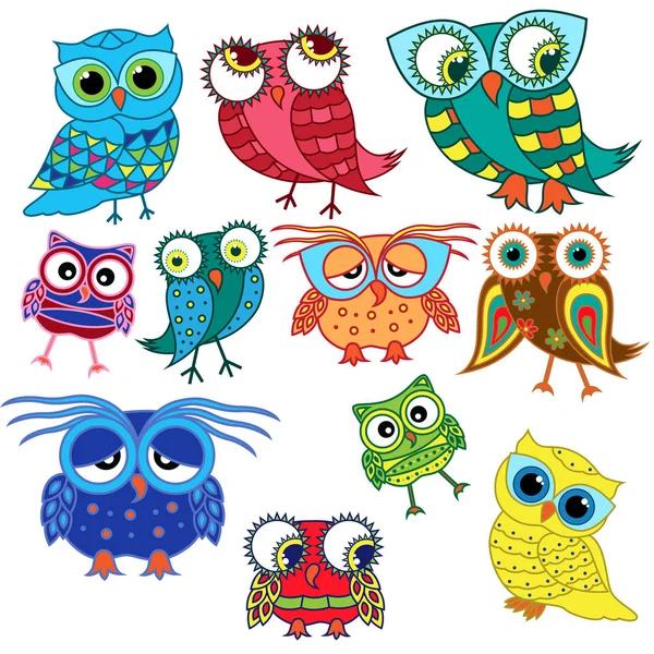 Eleven cartoon amusing owls — Stock Vector